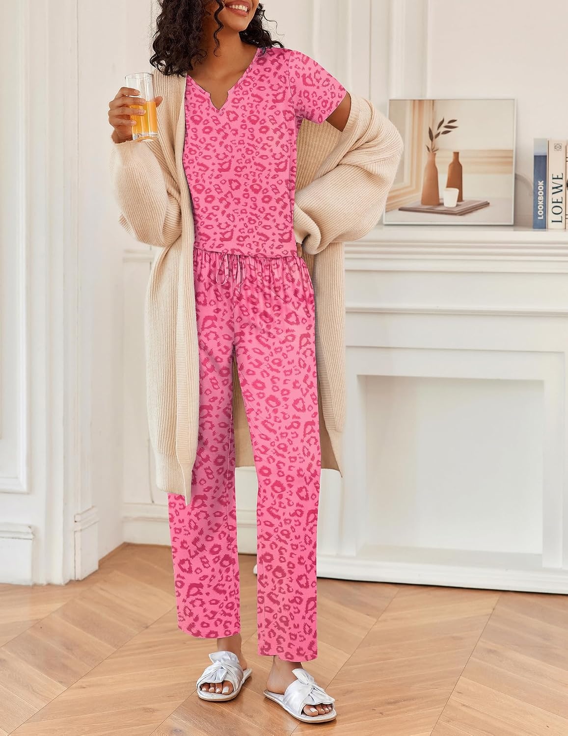 image:imageEkouaer 2 Piece Womens Pajamas Set Short Sleeve Pjs Print Pants Lounge SetPink Leopard