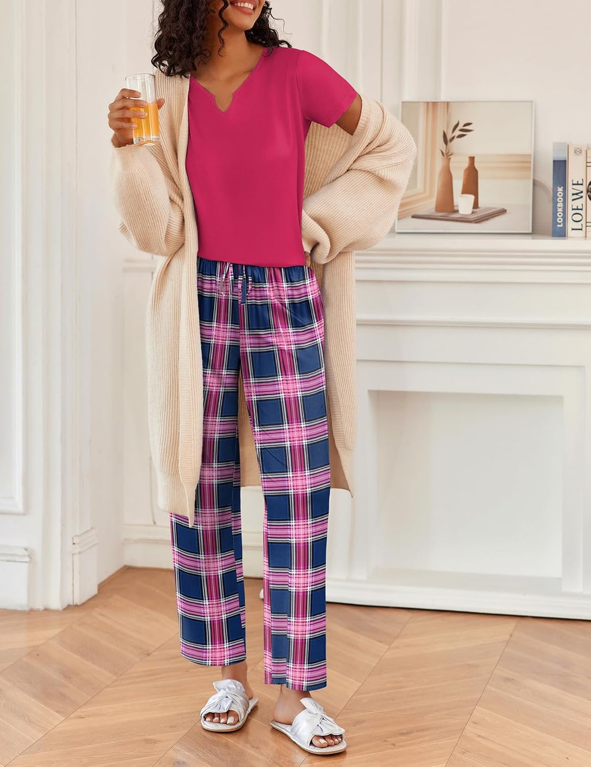 image:imageEkouaer 2 Piece Womens Pajamas Set Short Sleeve Pjs Print Pants Lounge SetPink Plaid