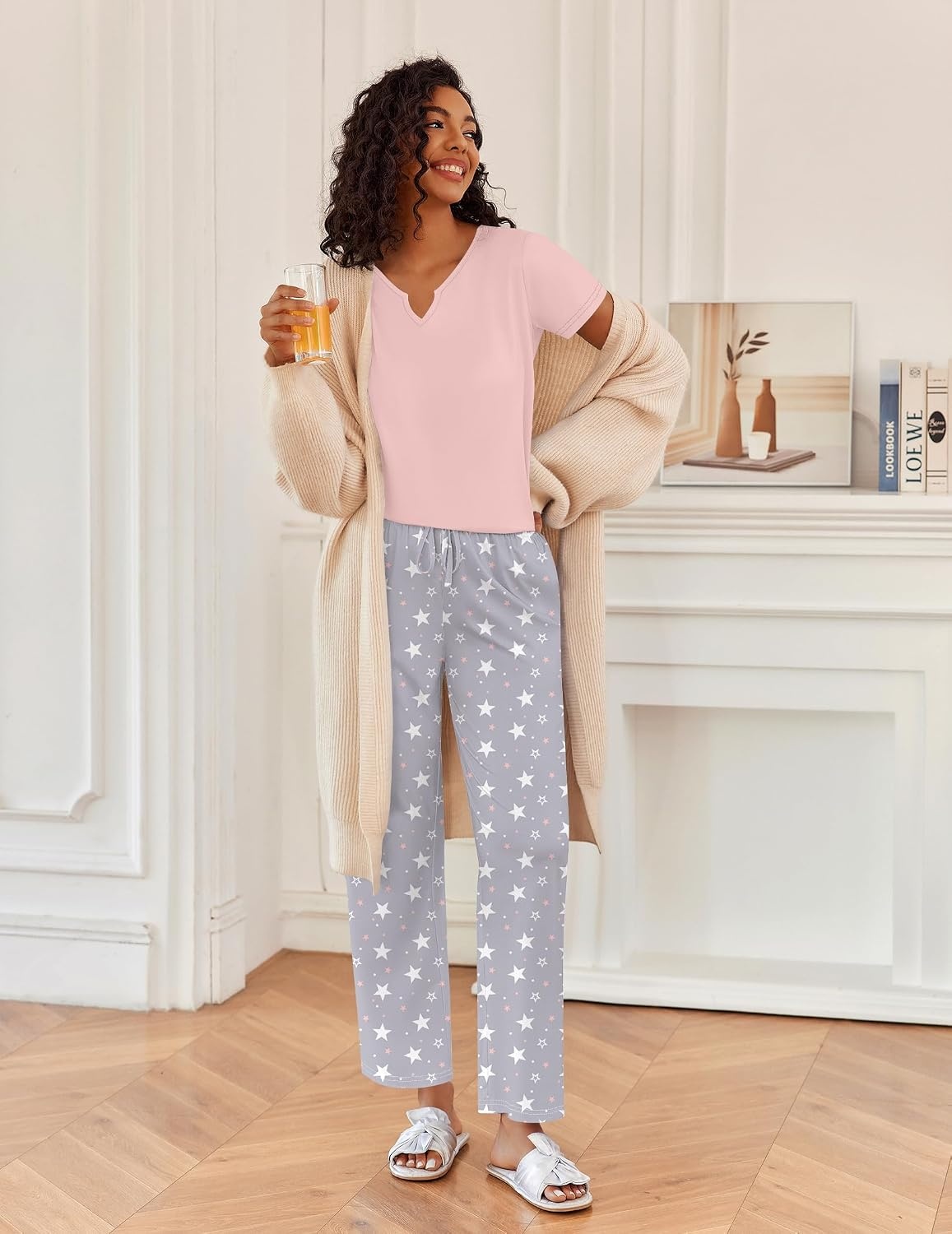 image:imageEkouaer 2 Piece Womens Pajamas Set Short Sleeve Pjs Print Pants Lounge SetPink and Gray Stars