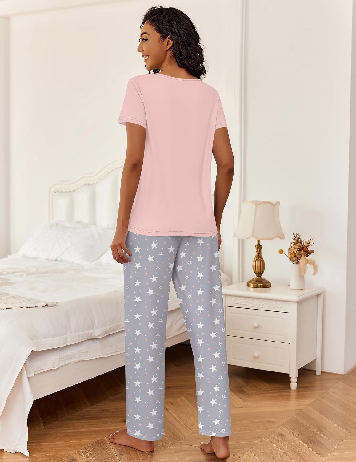 image:imageEkouaer 2 Piece Womens Pajamas Set Short Sleeve Pjs Print Pants Lounge SetPink and Gray Stars