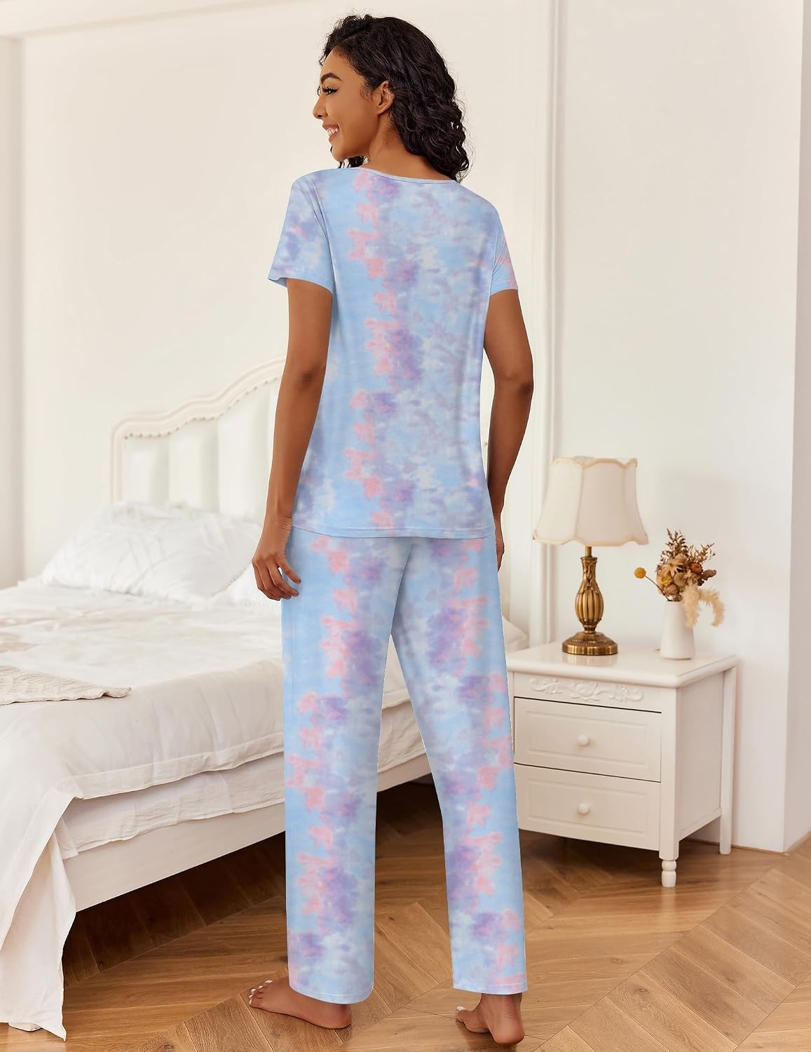 image:imageEkouaer 2 Piece Womens Pajamas Set Short Sleeve Pjs Print Pants Lounge SetPink and Purple Tiedye