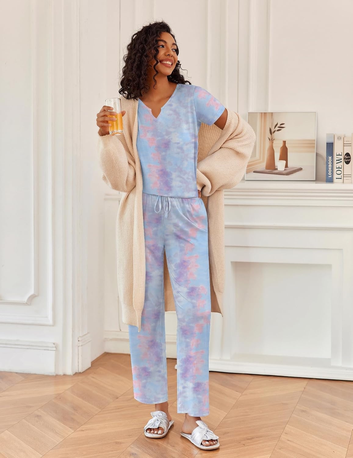 image:imageEkouaer 2 Piece Womens Pajamas Set Short Sleeve Pjs Print Pants Lounge SetPink and Purple Tiedye