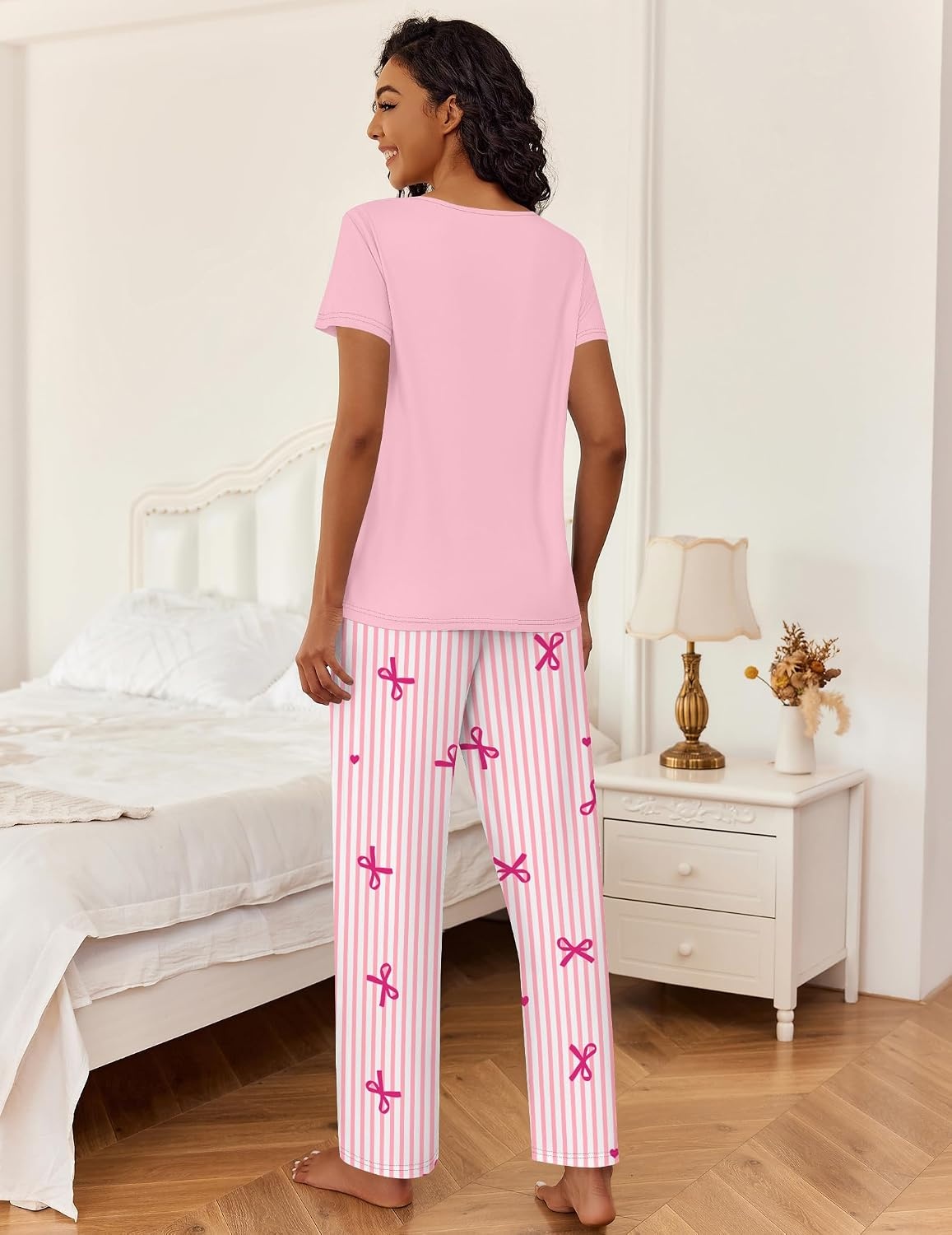 image:imageEkouaer 2 Piece Womens Pajamas Set Short Sleeve Pjs Print Pants Lounge SetStriped and Bow