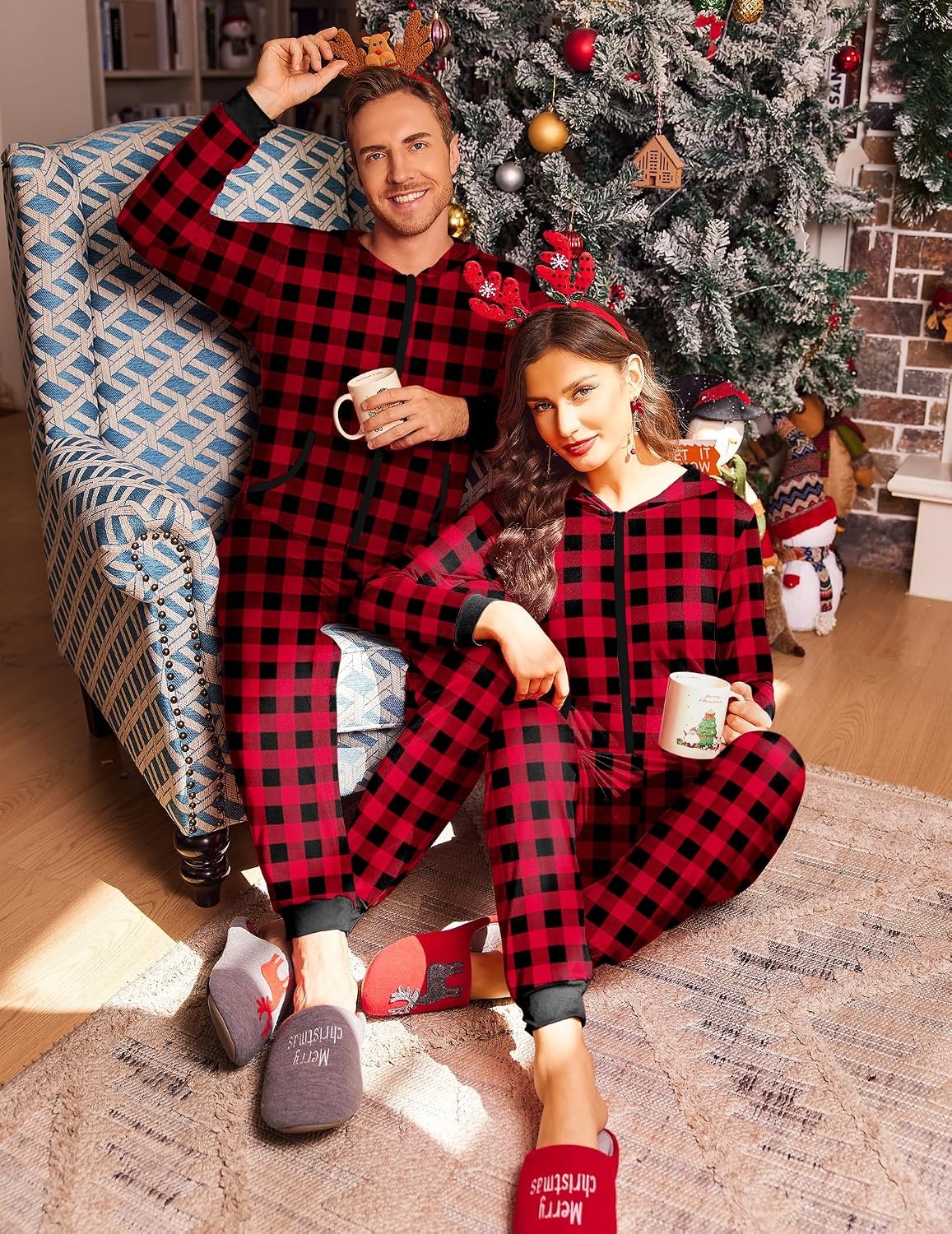 image:imageEkouaer Christmas Matching Onesie for Couples Adult Hooded PajamasChristmas Buffalo Plaid