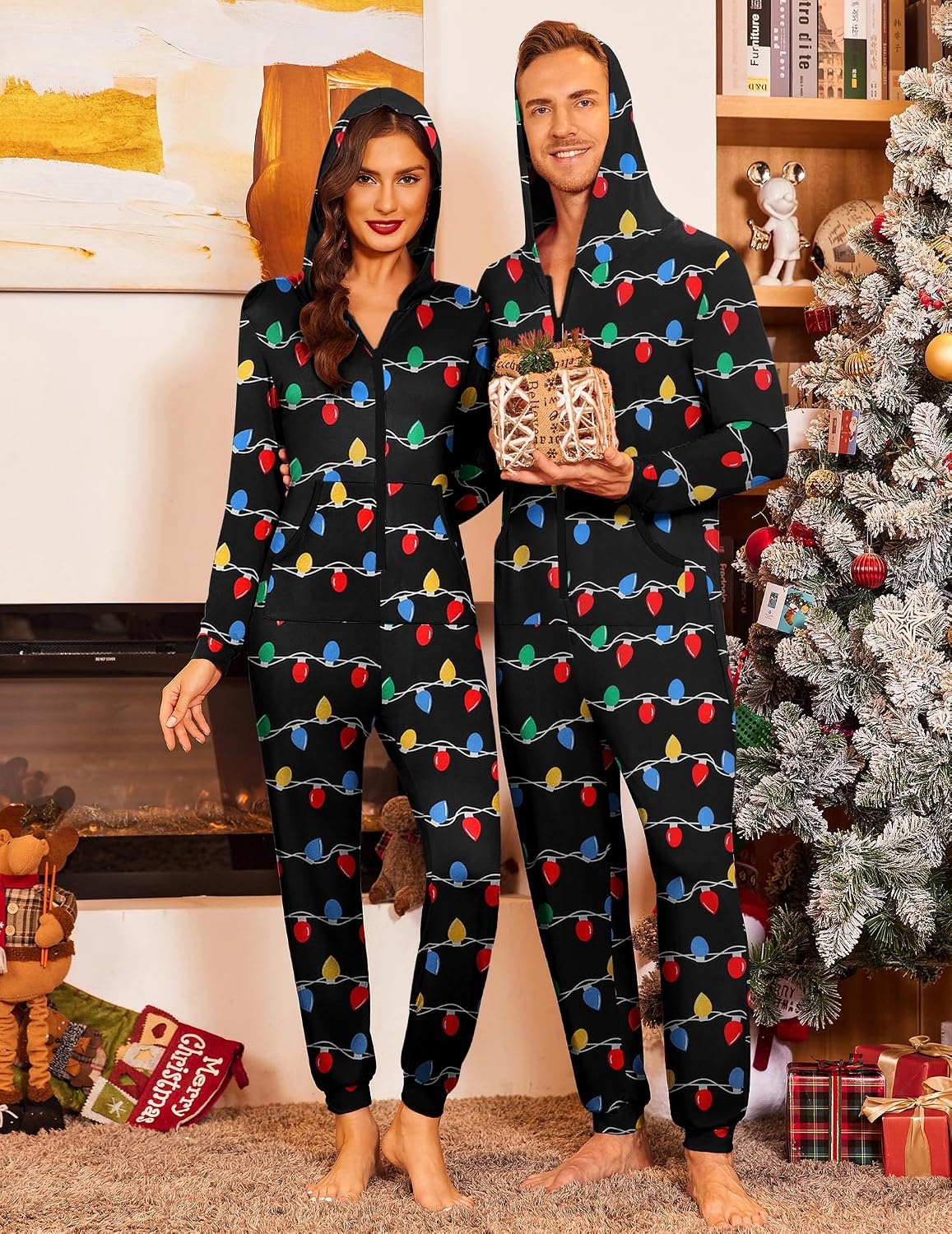 image:imageEkouaer Christmas Matching Onesie for Couples Zipper One Piece Pajamas Adult Hooded Jumpsuit with Pockets Christmas Lights Women XXL