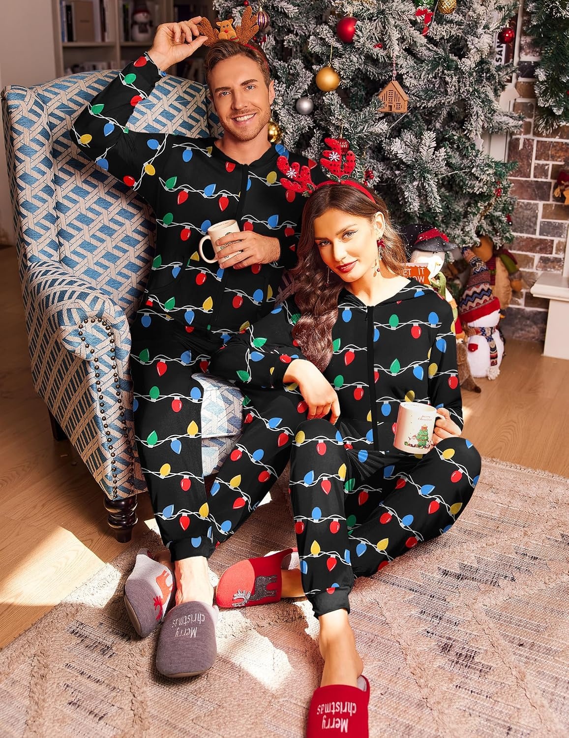 image:imageEkouaer Christmas Matching Onesie for Couples Zipper One Piece Pajamas Adult Hooded Jumpsuit with Pockets Christmas Lights Women XXL