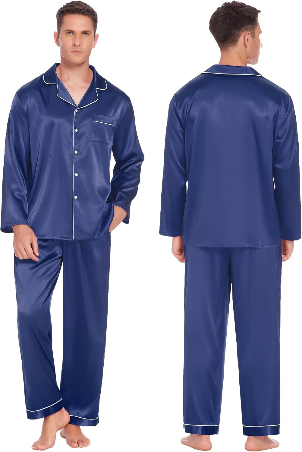image:imageEkouaer Couples Matching Pajamas Silk Long Sleeve Sleepwear Satin Pjs SetNavy