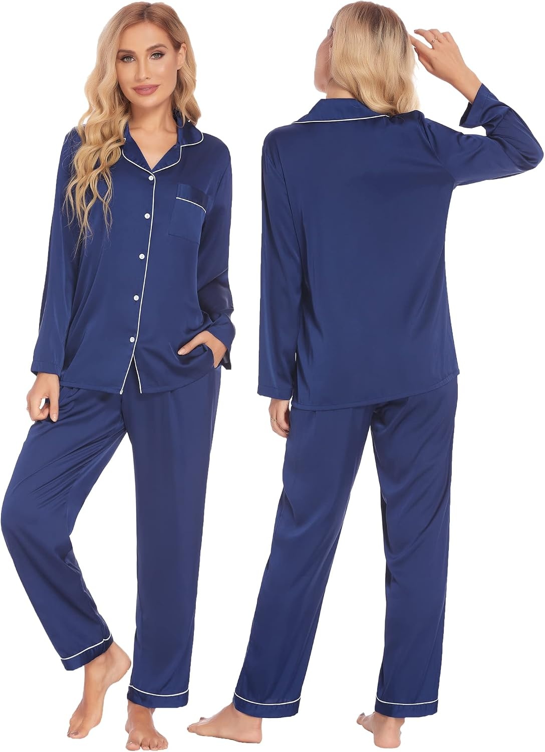 image:imageEkouaer Couples Matching Pajamas Silk Long Sleeve Sleepwear Satin Pjs SetNavy