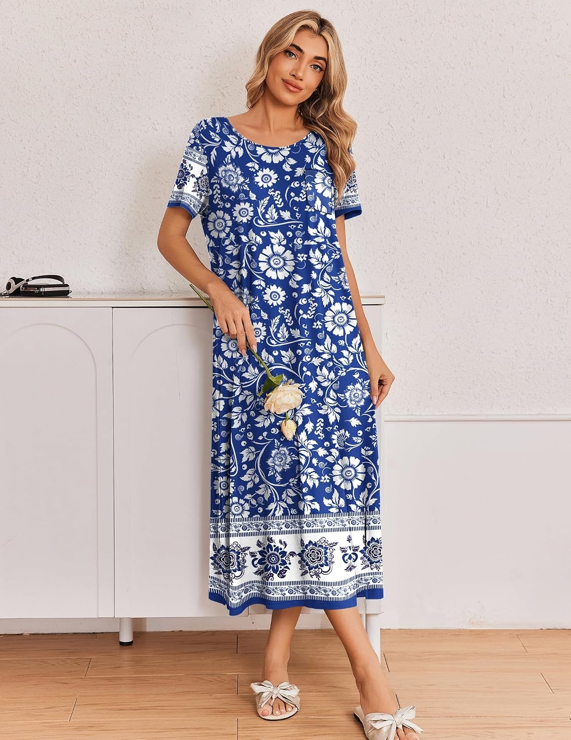 image:imageEkouaer Long Nightgowns for Women 3 Pack Plus Size Short Sleeve House DressBlackBlue Bohemian FlowersBlue Floral