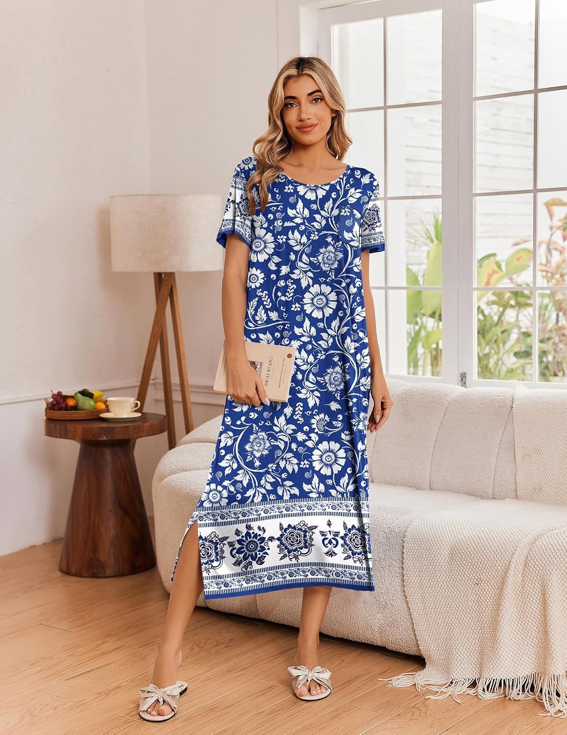 image:imageEkouaer Long Nightgowns for Women 3 Pack Plus Size Short Sleeve House DressBlackBlue Bohemian FlowersBlue Floral