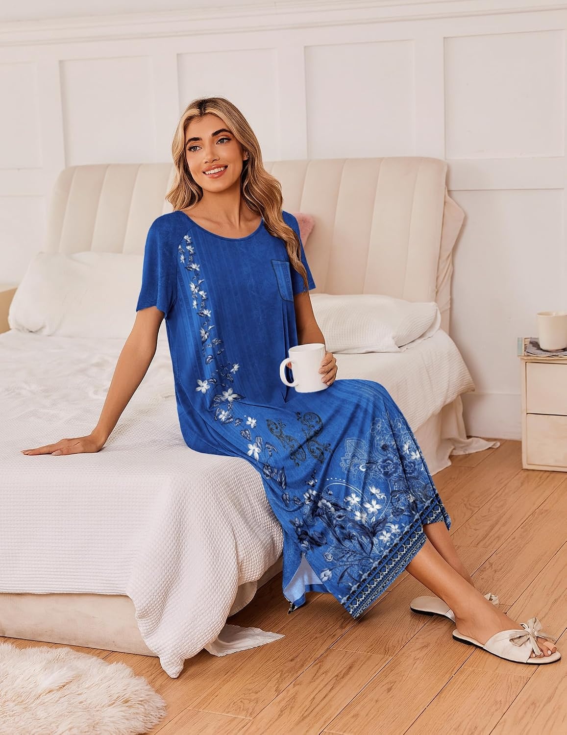 image:imageEkouaer Long Nightgowns for Women 3 Pack Plus Size Short Sleeve House DressBlackBlue Bohemian FlowersBlue Floral