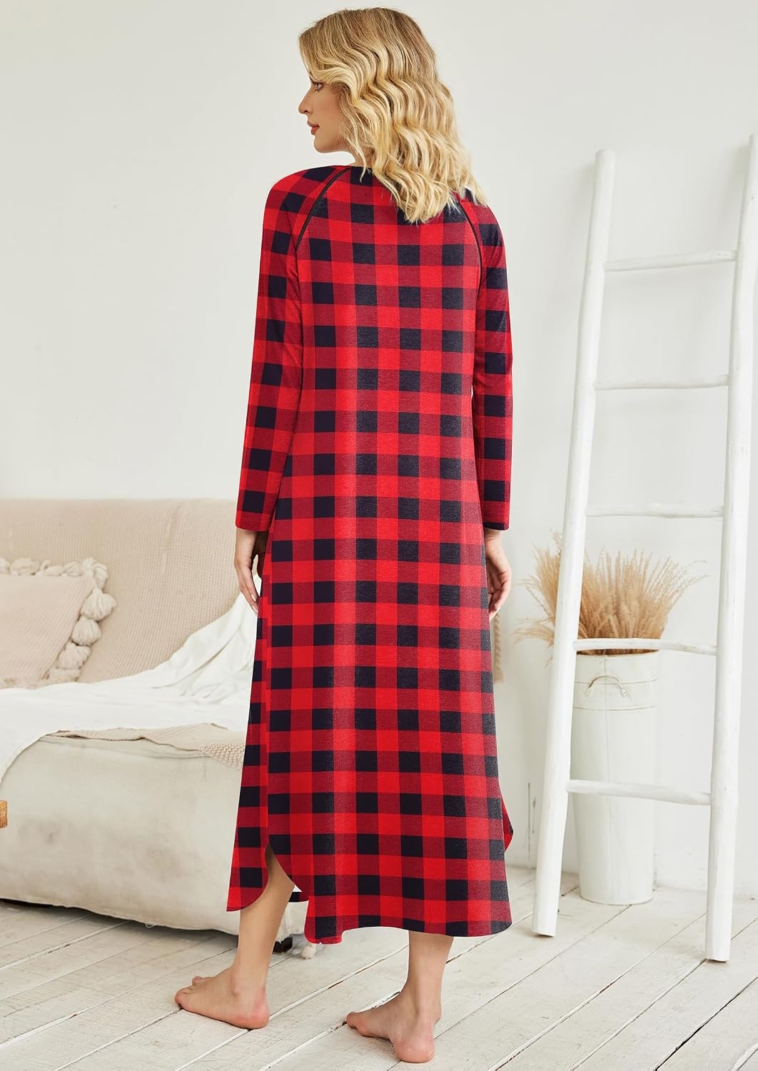 image:imageEkouaer Long Nightgowns for Women Long Sleeve House Dress with PocketsAred Black Plaid