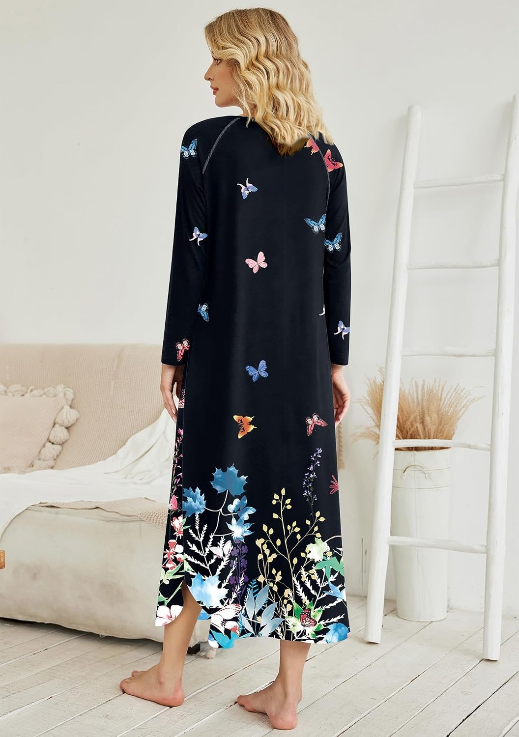 image:imageEkouaer Long Nightgowns for Women Long Sleeve House Dress with PocketsBlack Butterflies