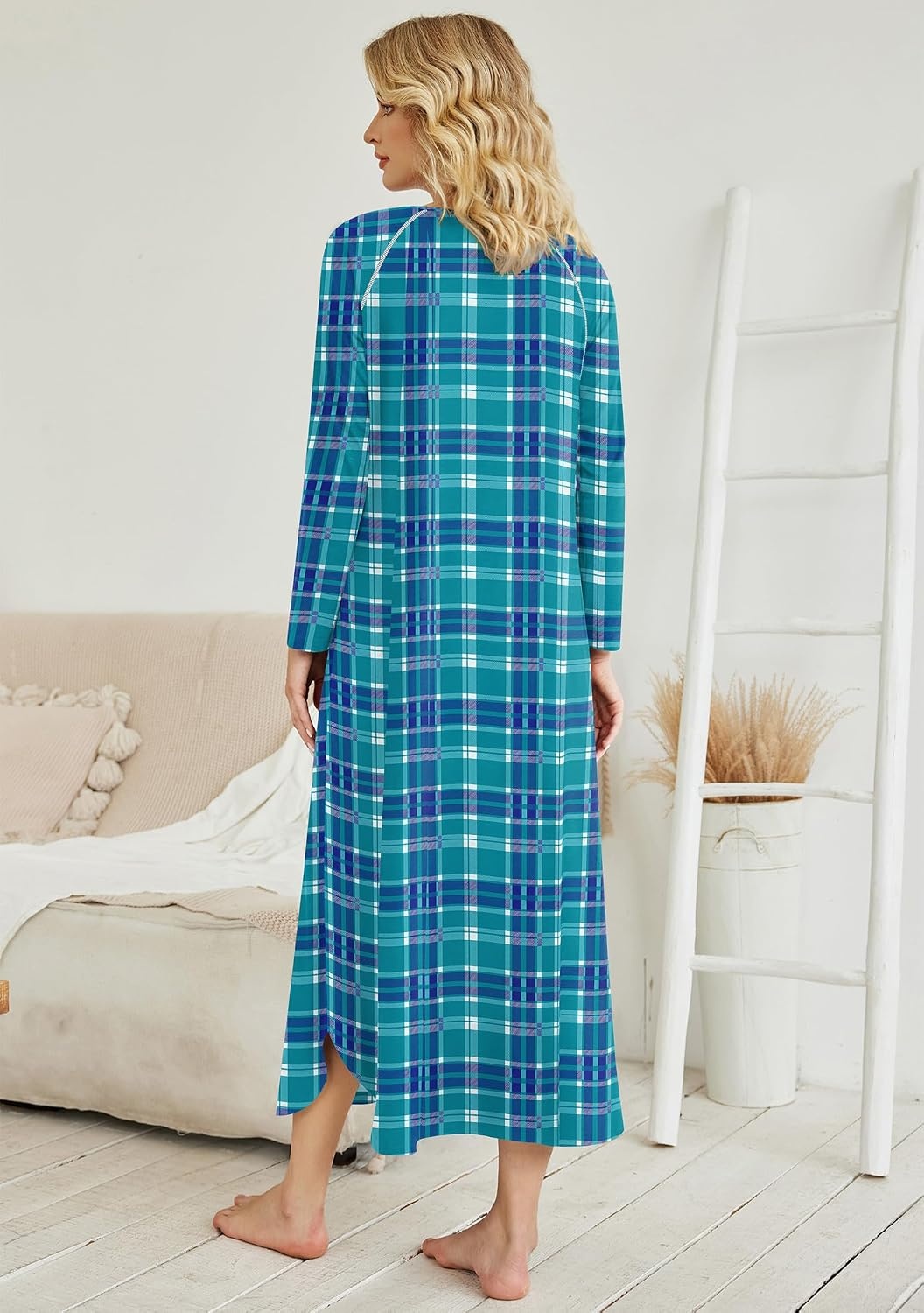 image:imageEkouaer Long Nightgowns for Women Long Sleeve House Dress with PocketsBlue Green Plaid