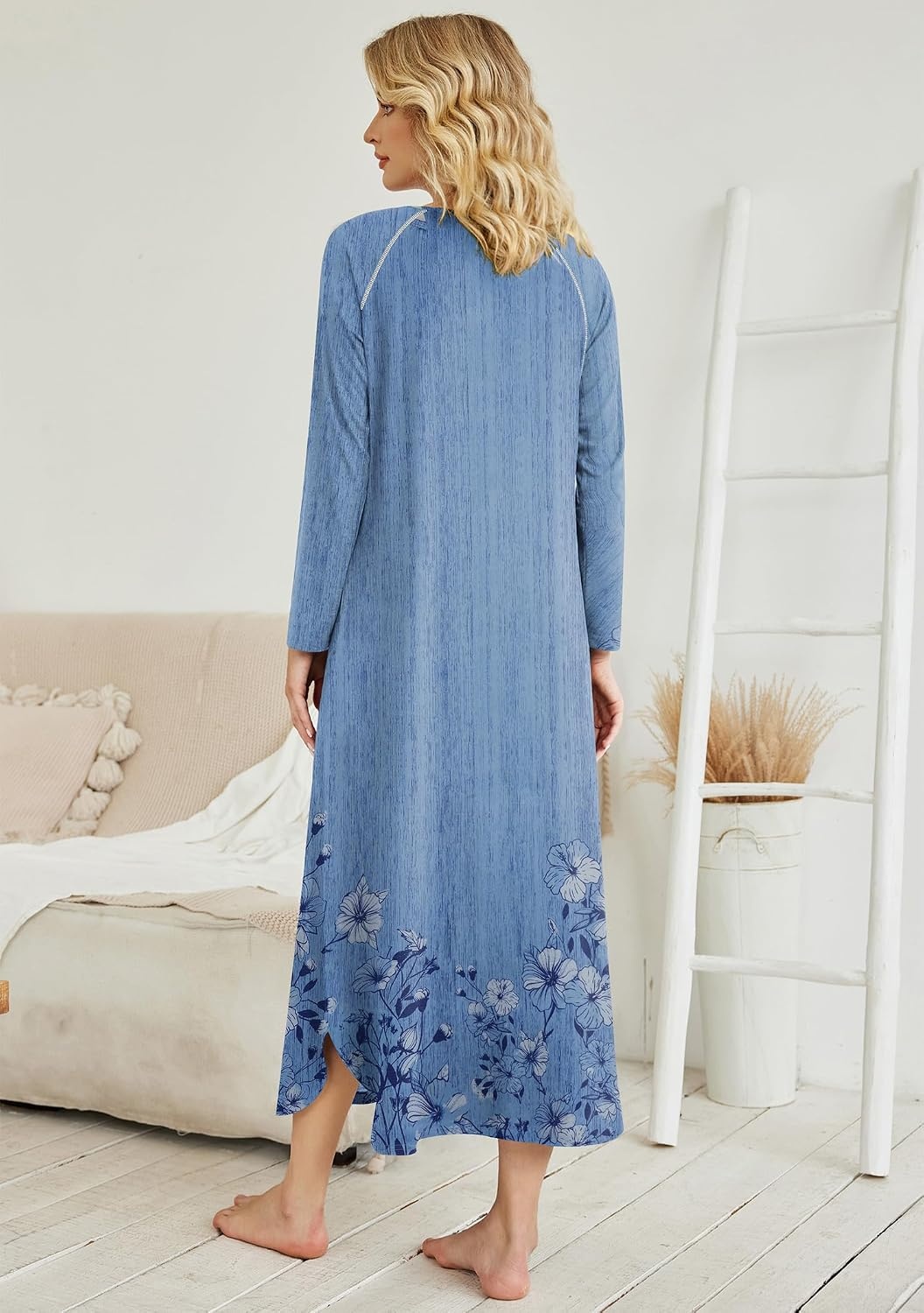 image:imageEkouaer Long Nightgowns for Women Long Sleeve House Dress with PocketsBlue Florals