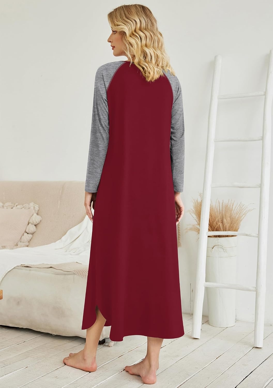 image:imageEkouaer Long Nightgowns for Women Long Sleeve House Dress with PocketsBwine Red