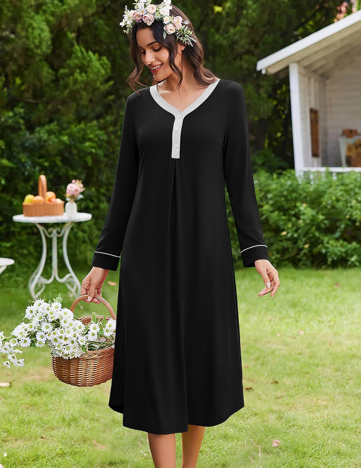 image:imageEkouaer Long Sleeve Nightgowns for Women Button Front Long Night GownsBlack