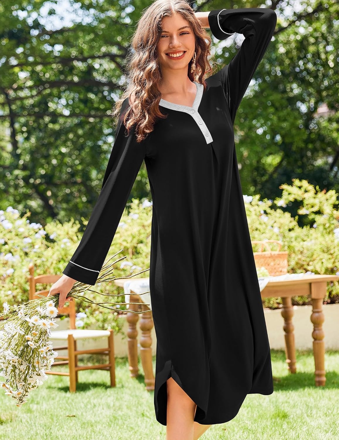 image:imageEkouaer Long Sleeve Nightgowns for Women Button Front Long Night GownsBlack
