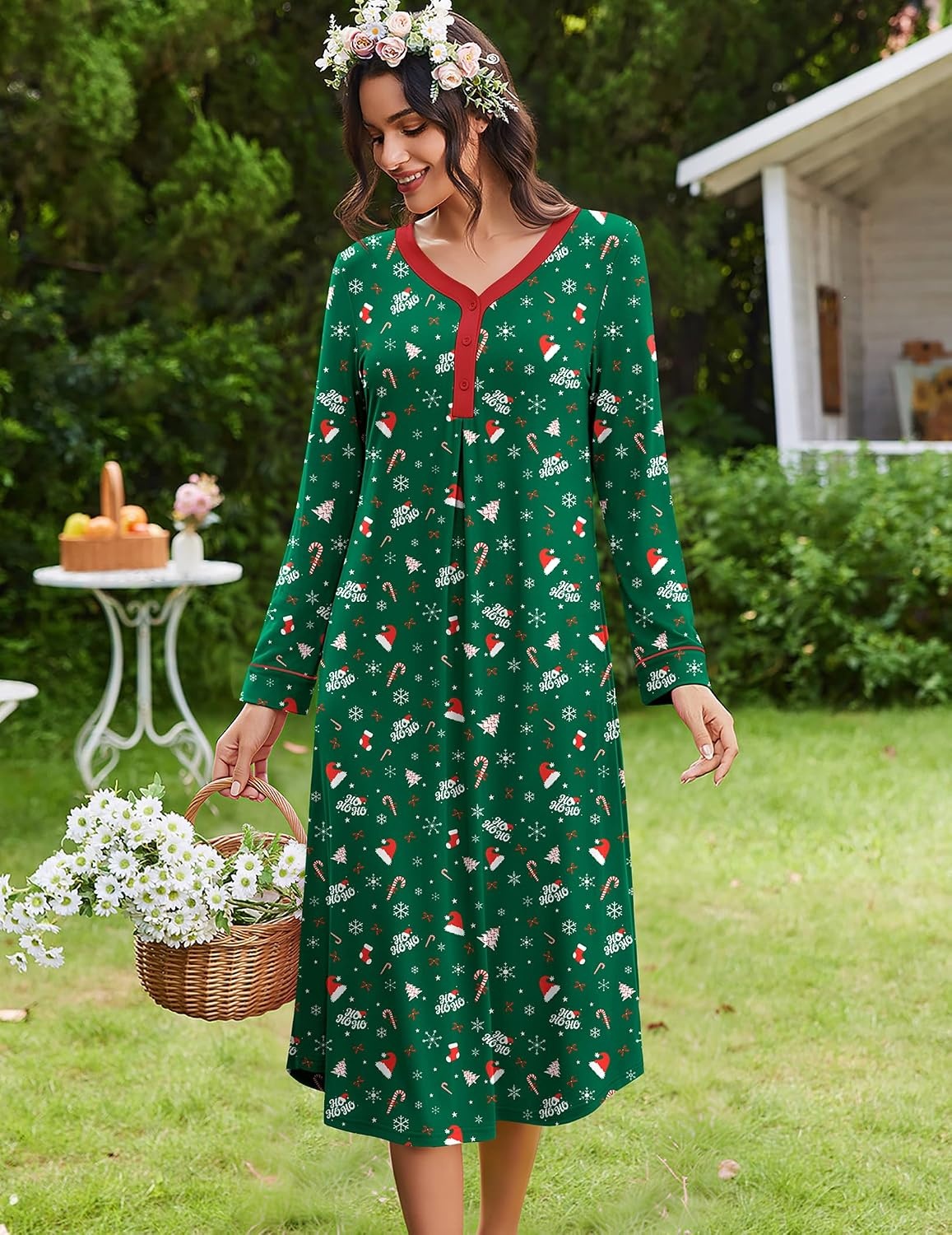 image:imageEkouaer Long Sleeve Nightgowns for Women Button Front Long Night GownsChristmas Green Flower