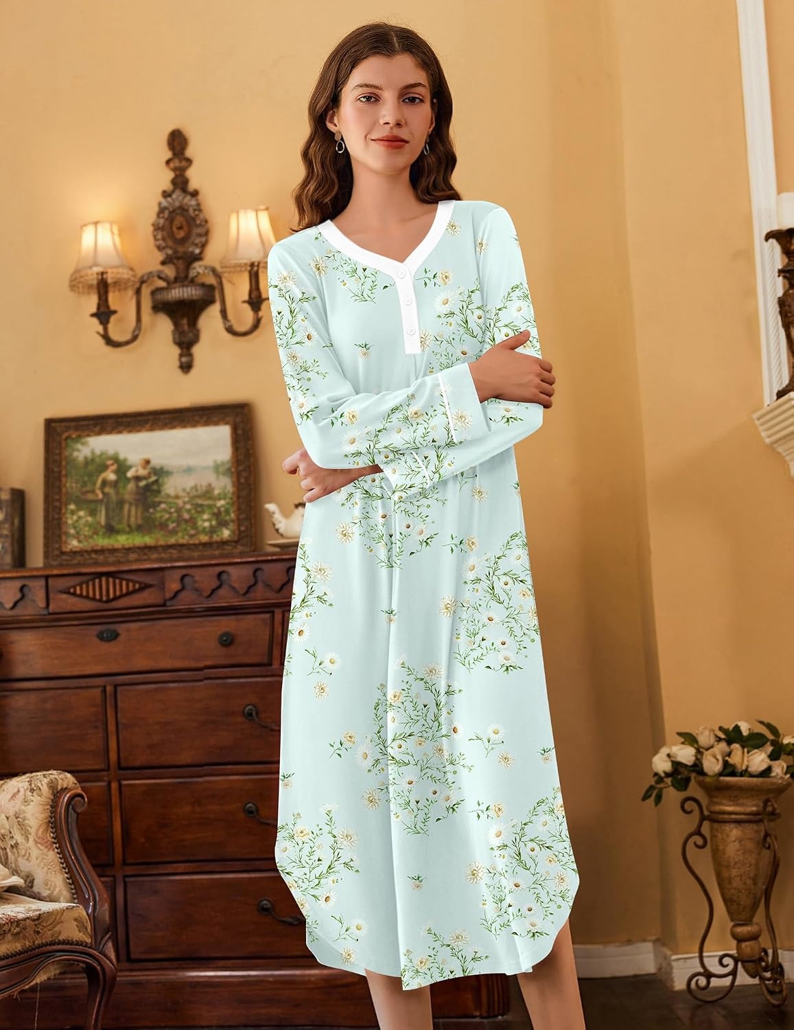 image:imageEkouaer Long Sleeve Nightgowns for Women Button Front Long Night GownsGreen Flowers