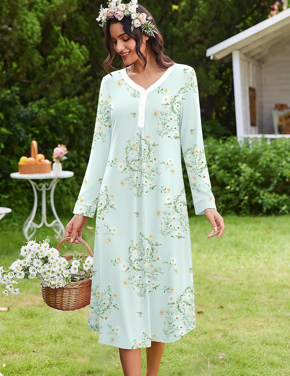 image:imageEkouaer Long Sleeve Nightgowns for Women Button Front Long Night GownsGreen Flowers