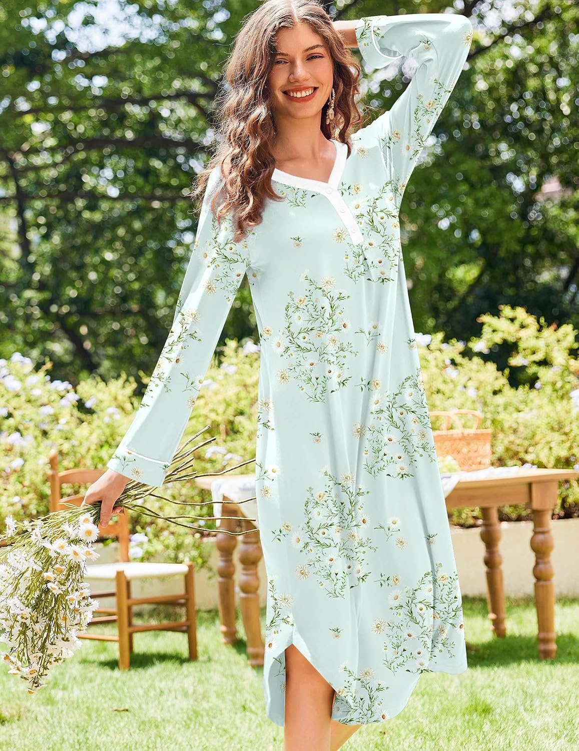 image:imageEkouaer Long Sleeve Nightgowns for Women Button Front Long Night GownsGreen Flowers