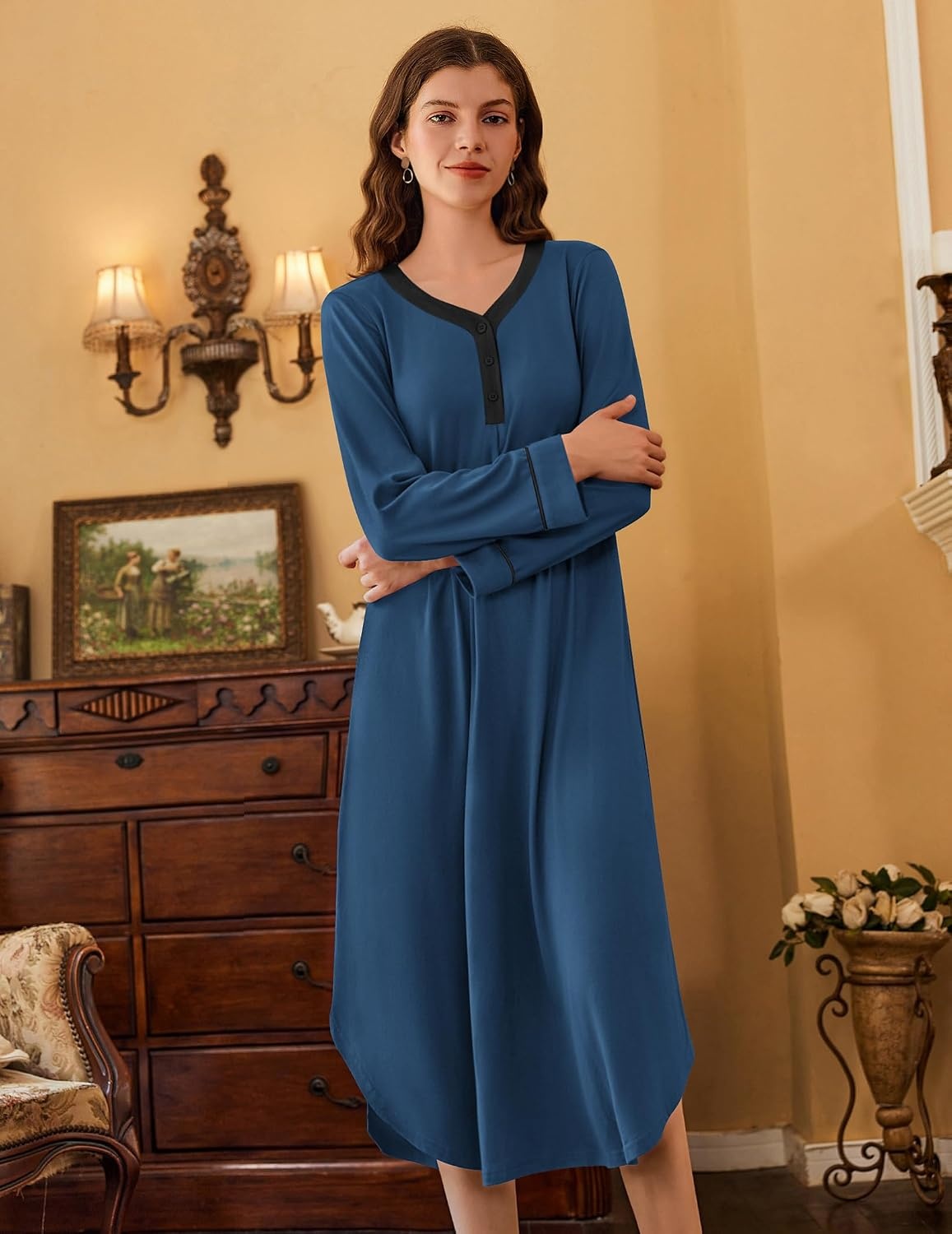 image:imageEkouaer Long Sleeve Nightgowns for Women Button Front Long Night GownsNavy