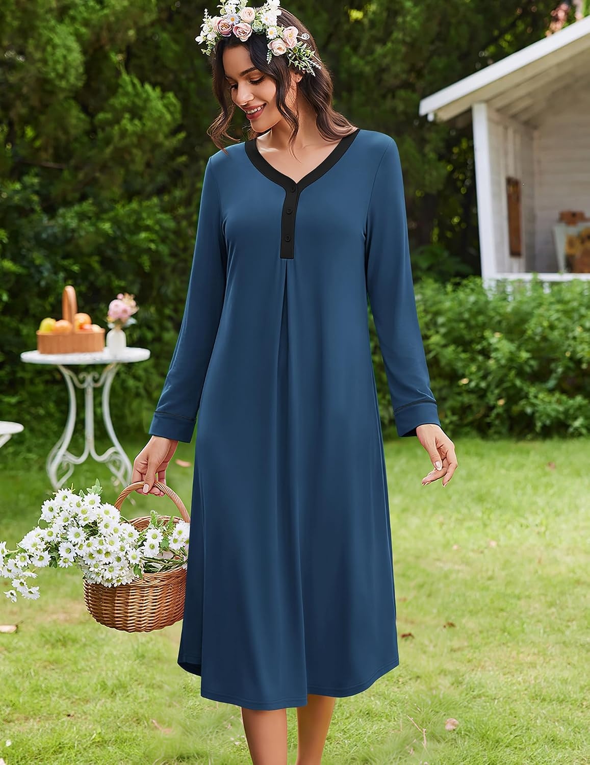 image:imageEkouaer Long Sleeve Nightgowns for Women Button Front Long Night GownsNavy