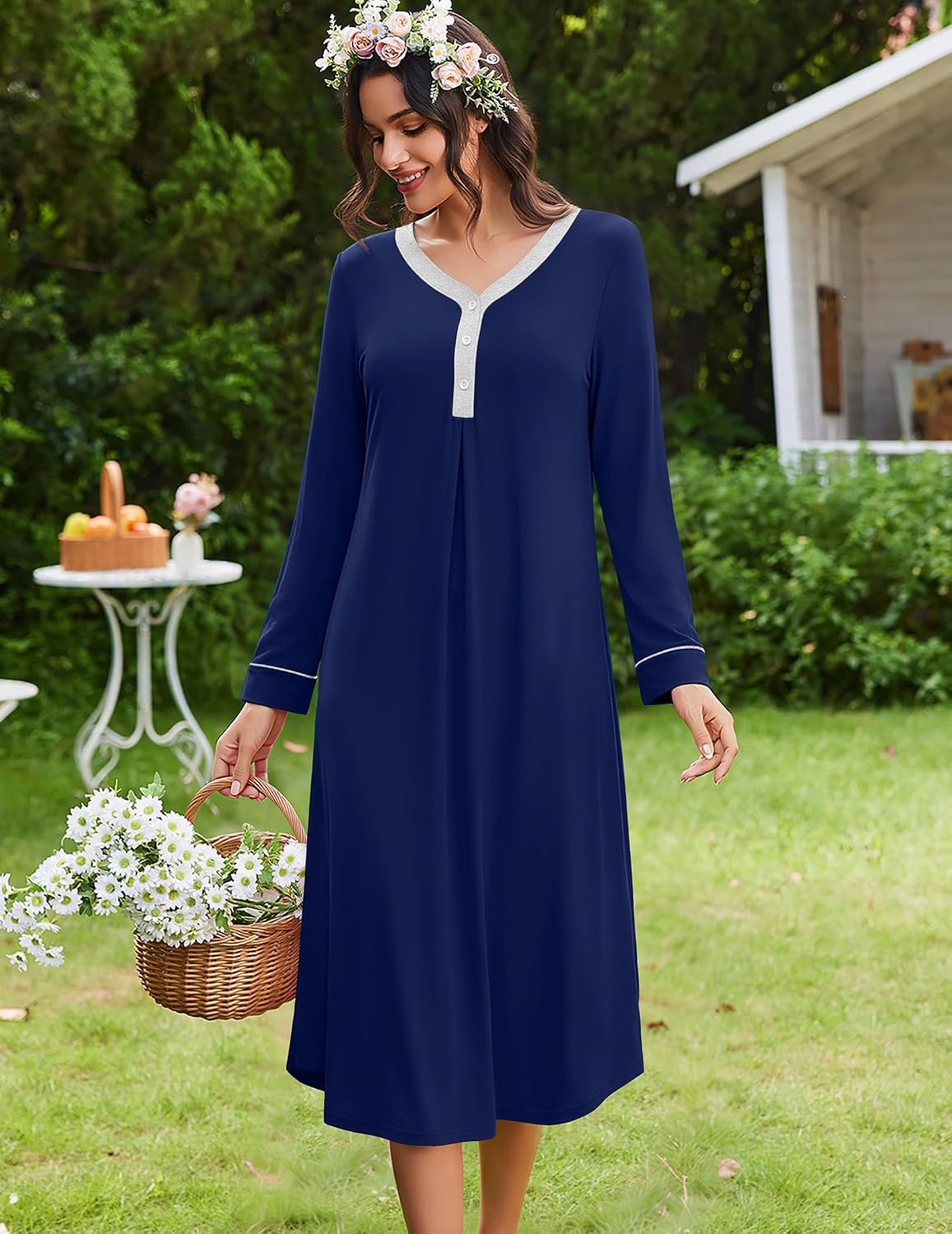image:imageEkouaer Long Sleeve Nightgowns for Women Button Front Long Night GownsNavy Blue