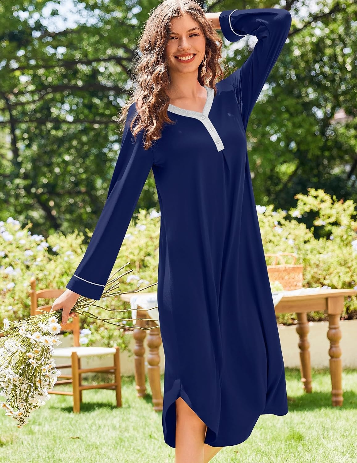 image:imageEkouaer Long Sleeve Nightgowns for Women Button Front Long Night GownsNavy Blue