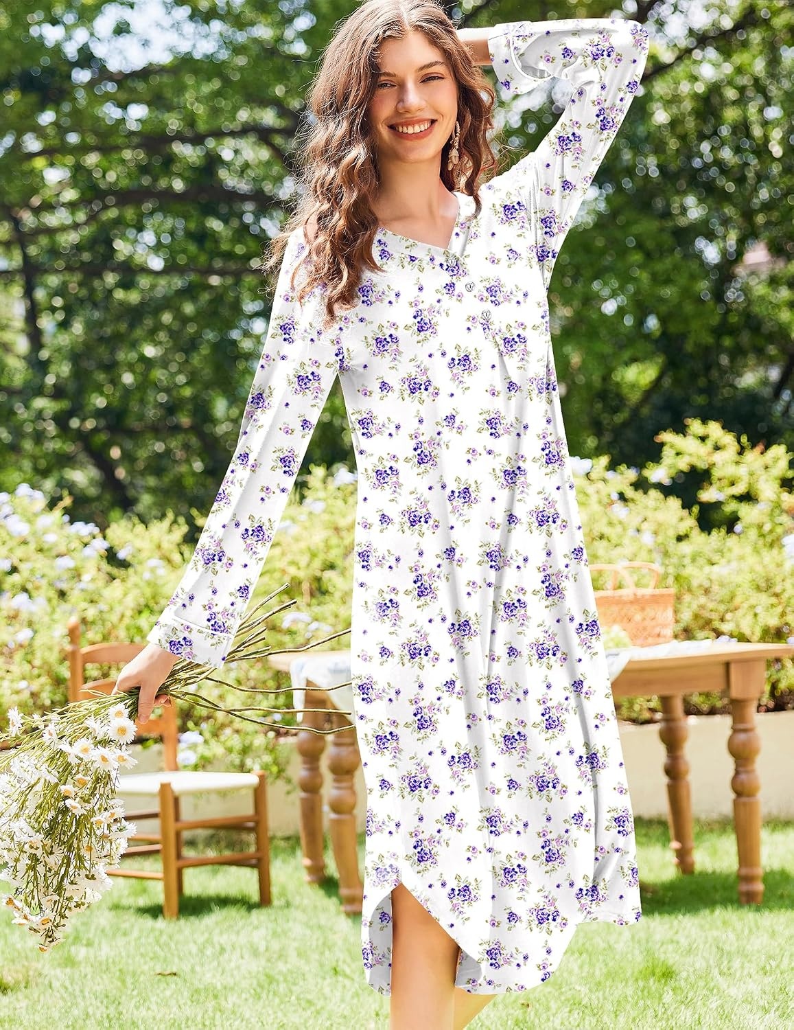 image:imageEkouaer Long Sleeve Nightgowns for Women Button Front Long Night GownsPurple Floral