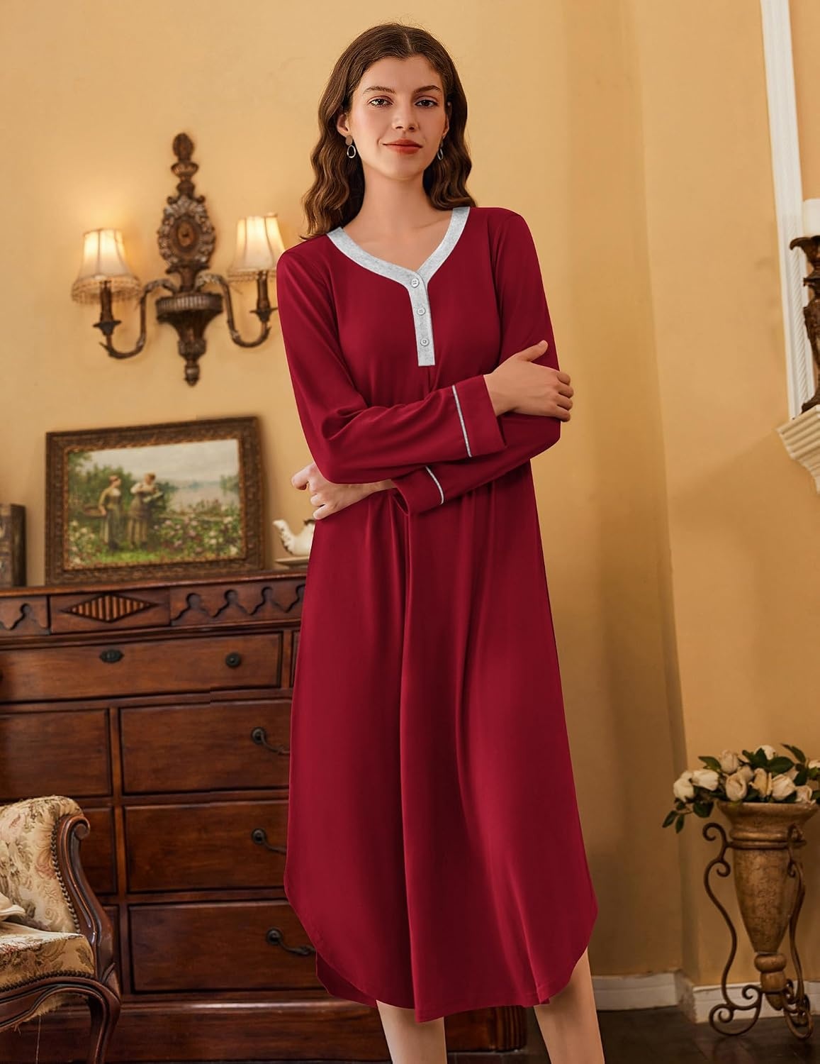 image:imageEkouaer Long Sleeve Nightgowns for Women Button Front Long Night GownsRed