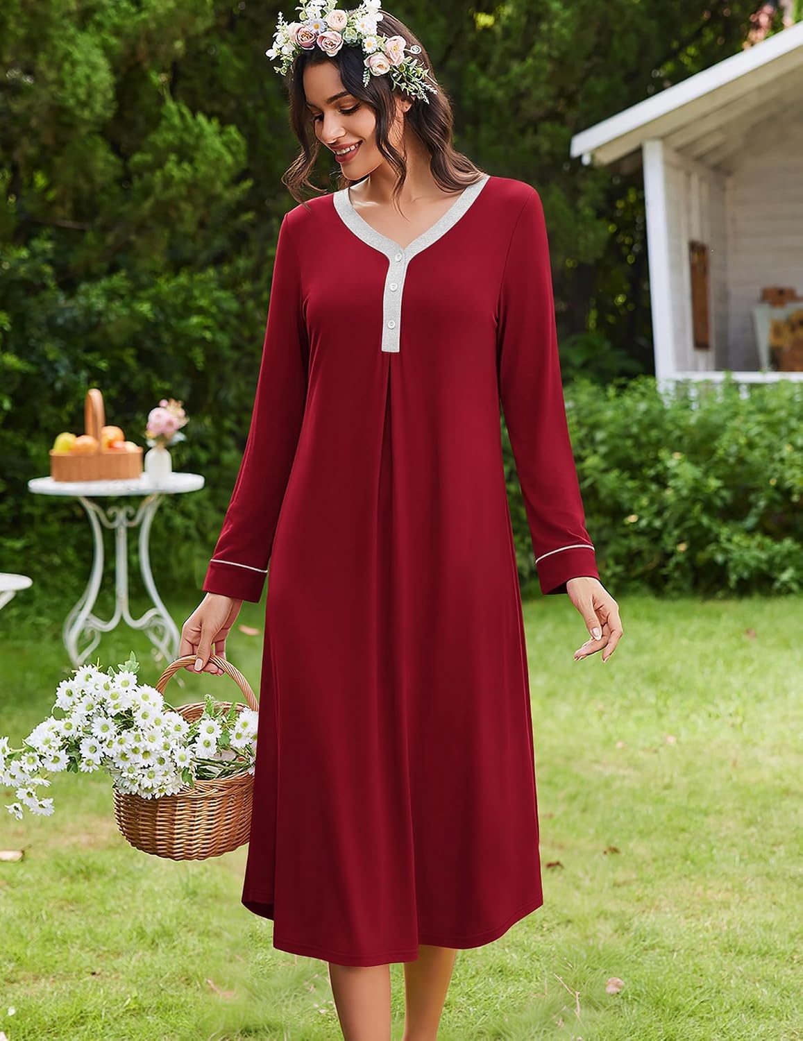 image:imageEkouaer Long Sleeve Nightgowns for Women Button Front Long Night GownsRed