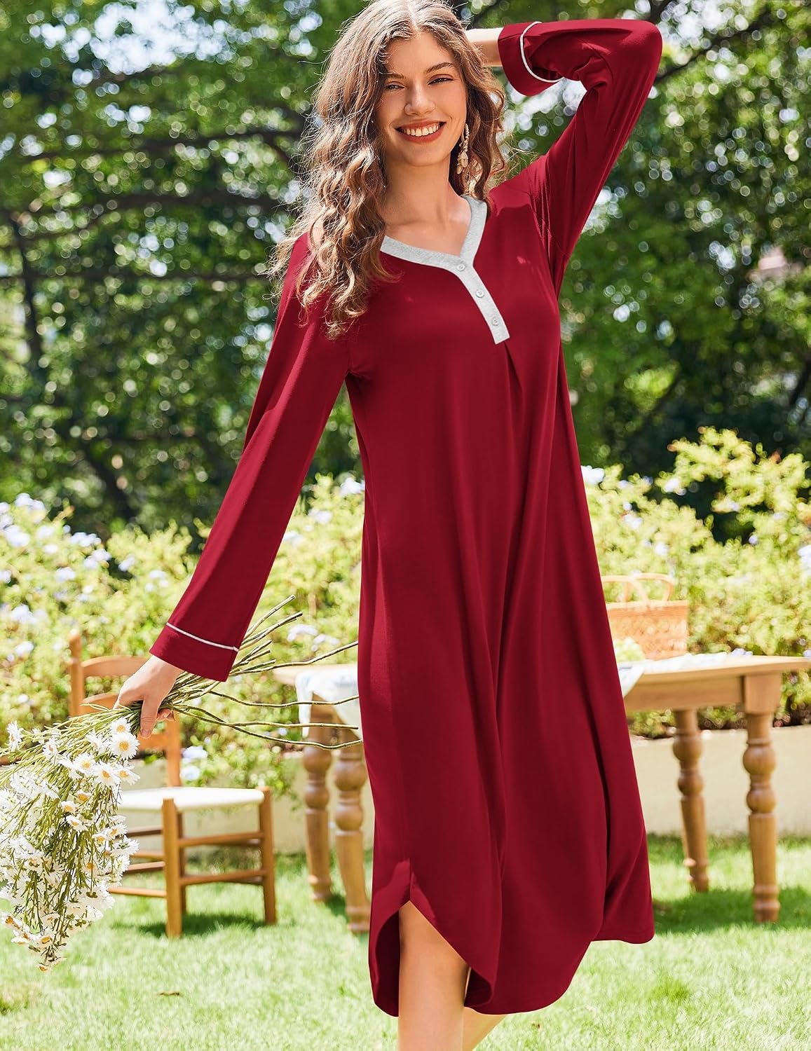 image:imageEkouaer Long Sleeve Nightgowns for Women Button Front Long Night GownsRed
