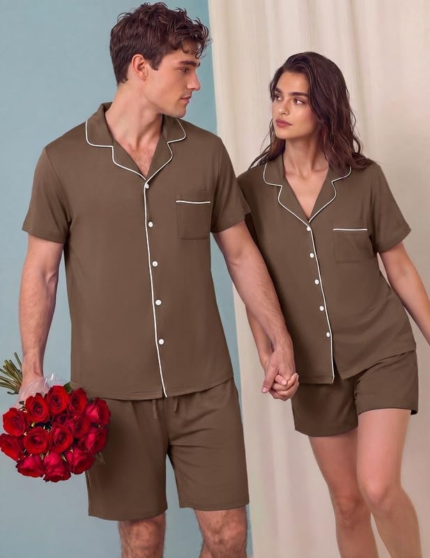 image:imageEkouaer Matching Pajamas for Couples Short Sleeve Pjs 2 Piece Lounge SetsBrown