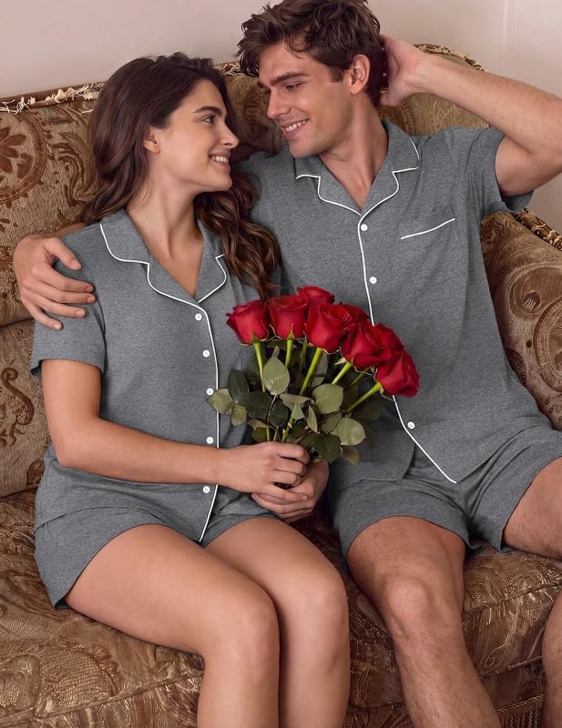 image:imageEkouaer Matching Pajamas for Couples Short Sleeve Pjs 2 Piece Lounge SetsGray