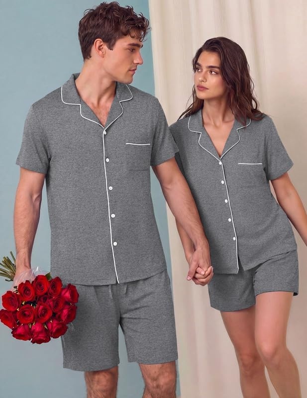 image:imageEkouaer Matching Pajamas for Couples Short Sleeve Pjs 2 Piece Lounge SetsGray