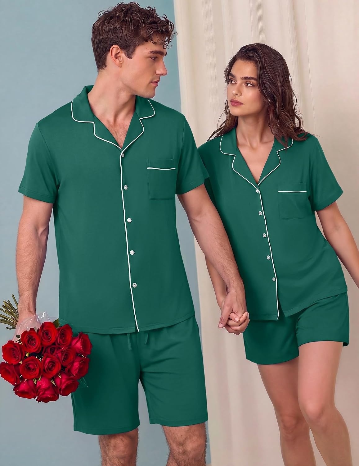 image:imageEkouaer Matching Pajamas for Couples Short Sleeve Pjs 2 Piece Lounge SetsGreen