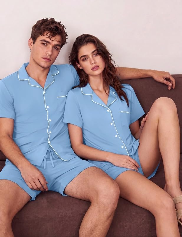 image:imageEkouaer Matching Pajamas for Couples Short Sleeve Pjs 2 Piece Lounge SetsLight Blue