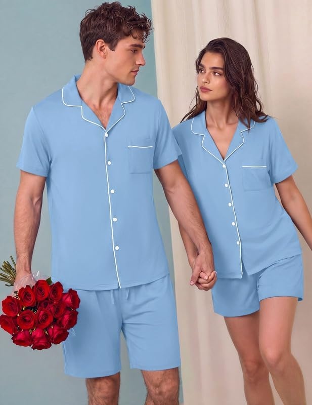 image:imageEkouaer Matching Pajamas for Couples Short Sleeve Pjs 2 Piece Lounge SetsLight Blue