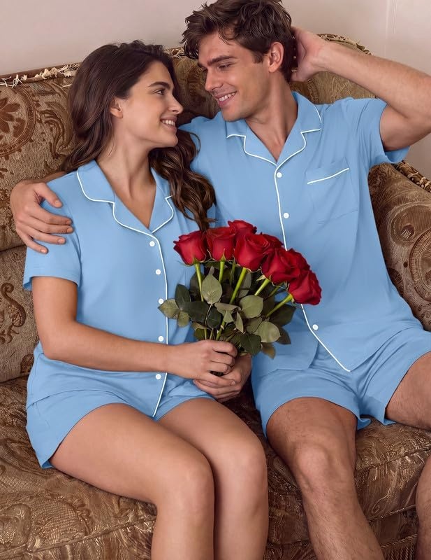 image:imageEkouaer Matching Pajamas for Couples Short Sleeve Pjs 2 Piece Lounge SetsLight Blue