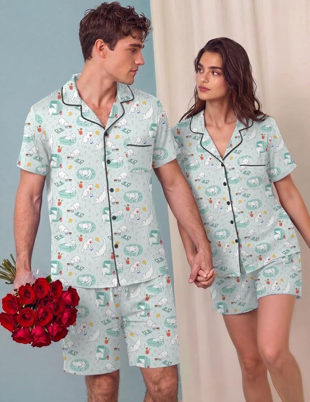 image:imageEkouaer Matching Pajamas for Couples Short Sleeve Pjs 2 Piece Lounge SetsLight Blue Cat Print