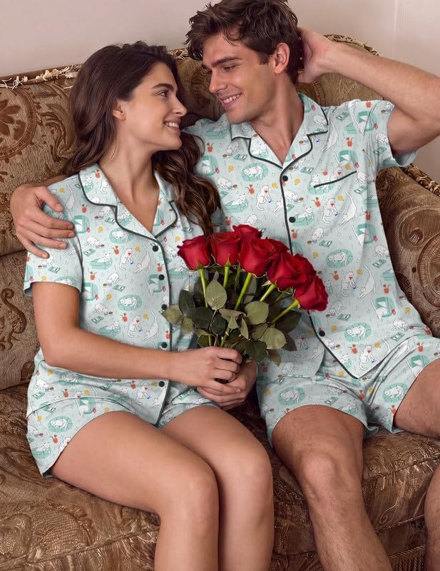 image:imageEkouaer Matching Pajamas for Couples Short Sleeve Pjs 2 Piece Lounge SetsLight Blue Cat Print