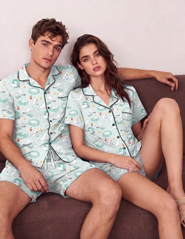 image:imageEkouaer Matching Pajamas for Couples Short Sleeve Pjs 2 Piece Lounge SetsLight Blue Cat Print