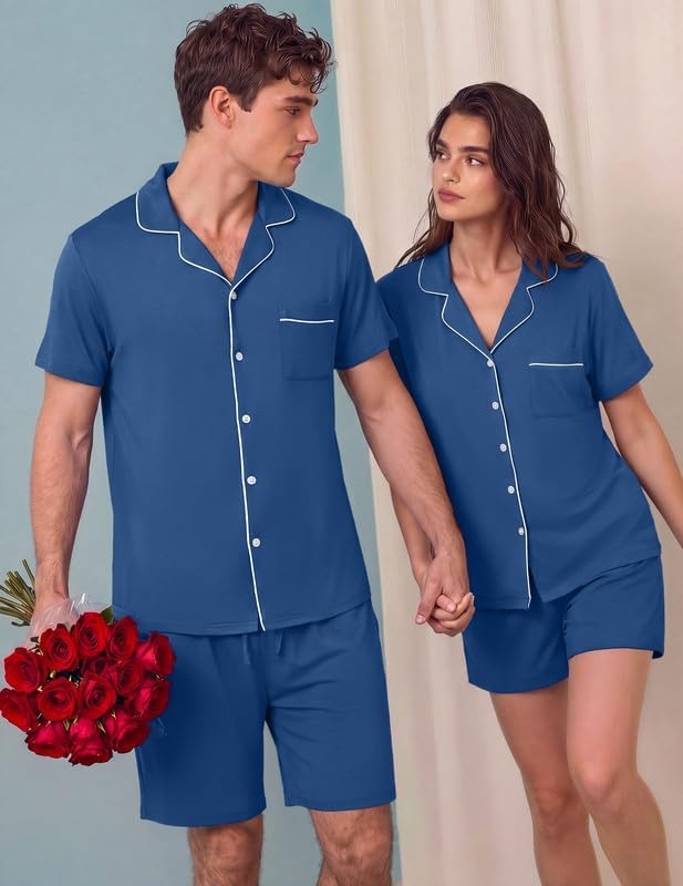 image:imageEkouaer Matching Pajamas for Couples Short Sleeve Pjs 2 Piece Lounge SetsNavy Blue