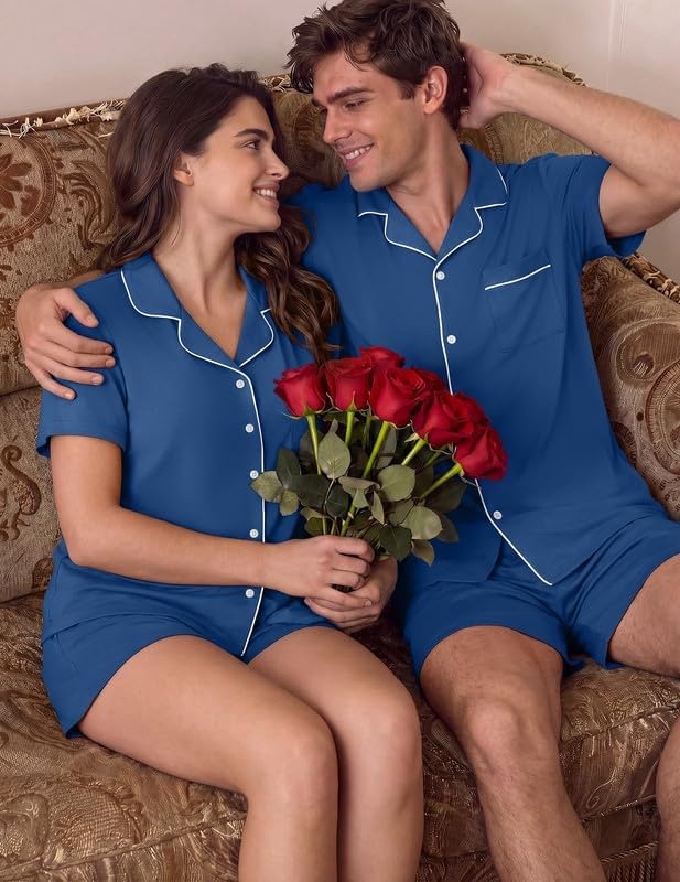 image:imageEkouaer Matching Pajamas for Couples Short Sleeve Pjs 2 Piece Lounge SetsNavy Blue