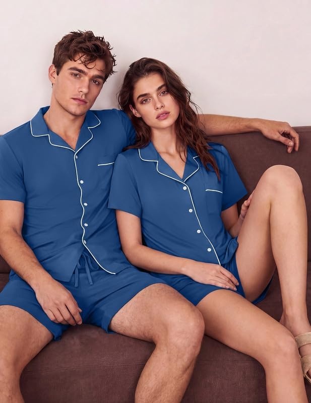 image:imageEkouaer Matching Pajamas for Couples Short Sleeve Pjs 2 Piece Lounge SetsNavy Blue