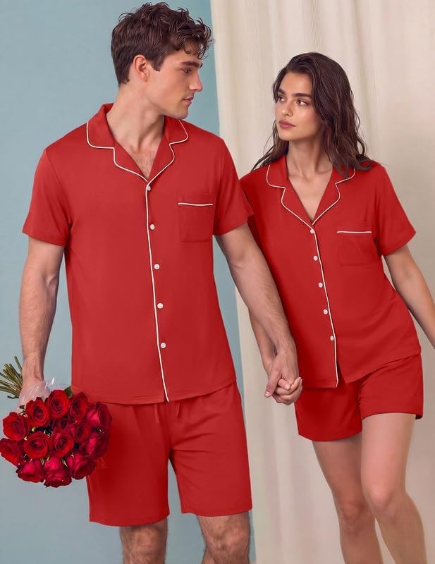 image:imageEkouaer Matching Pajamas for Couples Short Sleeve Pjs 2 Piece Lounge SetsRed