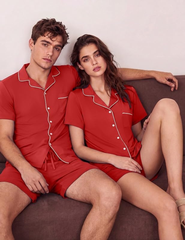 image:imageEkouaer Matching Pajamas for Couples Short Sleeve Pjs 2 Piece Lounge SetsRed