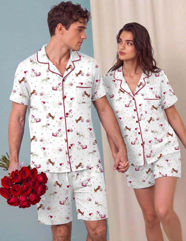 image:imageEkouaer Matching Pajamas for Couples Short Sleeve Pjs 2 Piece Lounge SetsWhite Puppy Couple Print